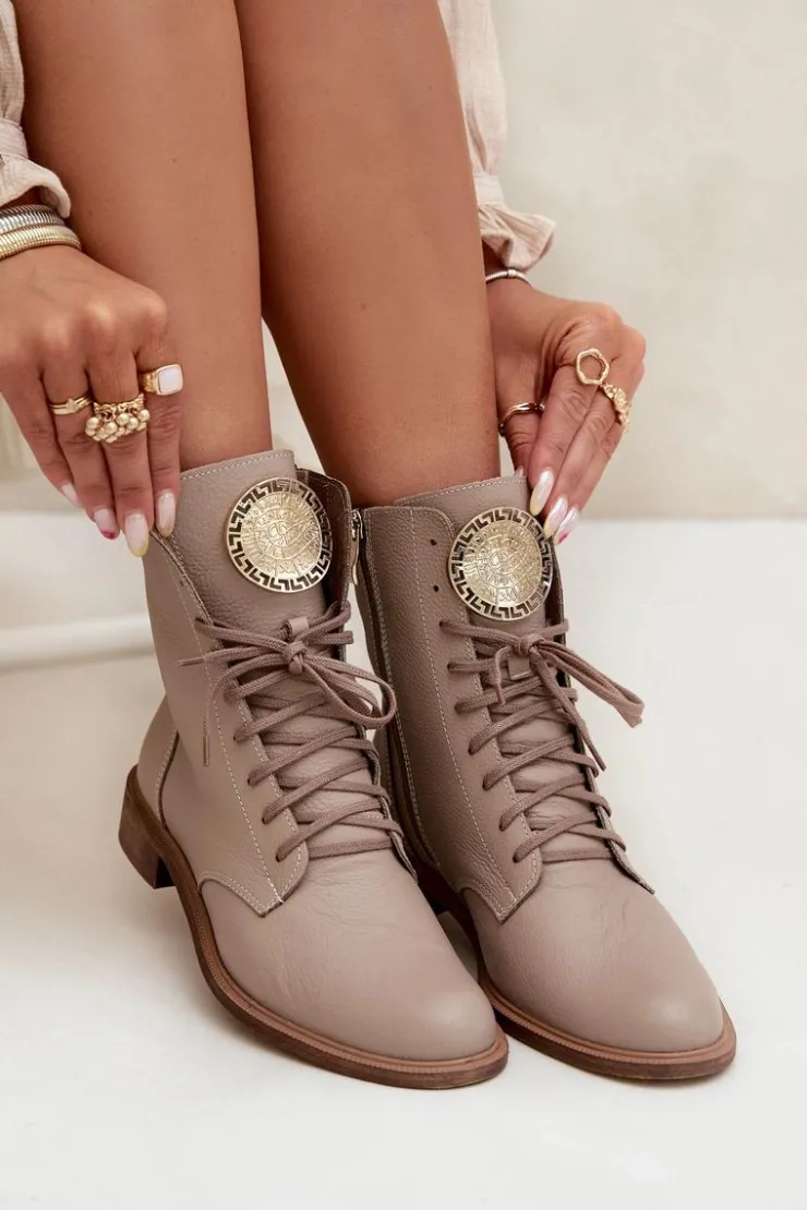 Zazoo Botki Sznurowane|Botki Płaskie*Skórzane Botki Damskie Na Płaskim Obcasie Ze Złotym Detalem 3084 Beżowe Beżowy