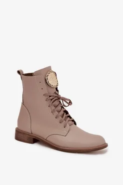 Zazoo Botki Sznurowane|Botki Płaskie*Skórzane Botki Damskie Na Płaskim Obcasie Ze Złotym Detalem 3084 Beżowe Beżowy