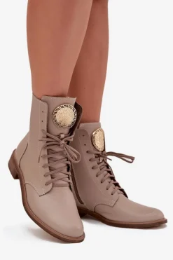 Zazoo Botki Sznurowane|Botki Płaskie*Skórzane Botki Damskie Na Płaskim Obcasie Ze Złotym Detalem 3084 Beżowe Beżowy