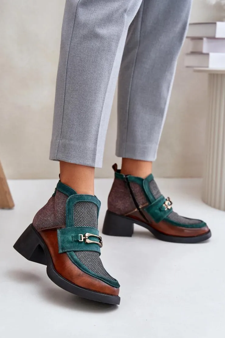 Maciejka Botki Maciejka|Botki Skórzane*Skórzane Botki Damskie Na Masywnym Obcasie Z Ozdobą 06747-29 Brązowo-Zielone