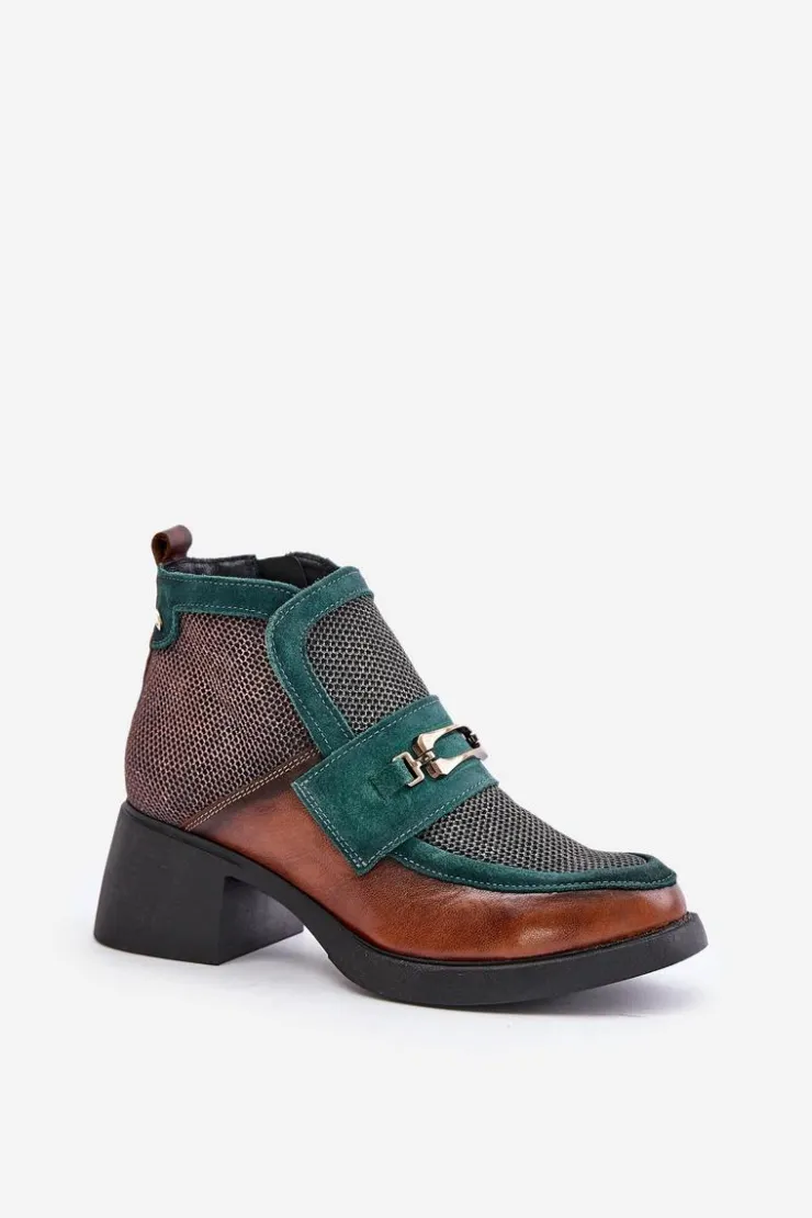 Maciejka Botki Maciejka|Botki Skórzane*Skórzane Botki Damskie Na Masywnym Obcasie Z Ozdobą 06747-29 Brązowo-Zielone