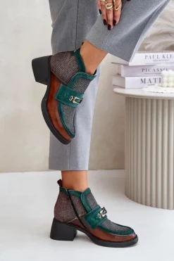 Maciejka Botki Maciejka|Botki Skórzane*Skórzane Botki Damskie Na Masywnym Obcasie Z Ozdobą 06747-29 Brązowo-Zielone