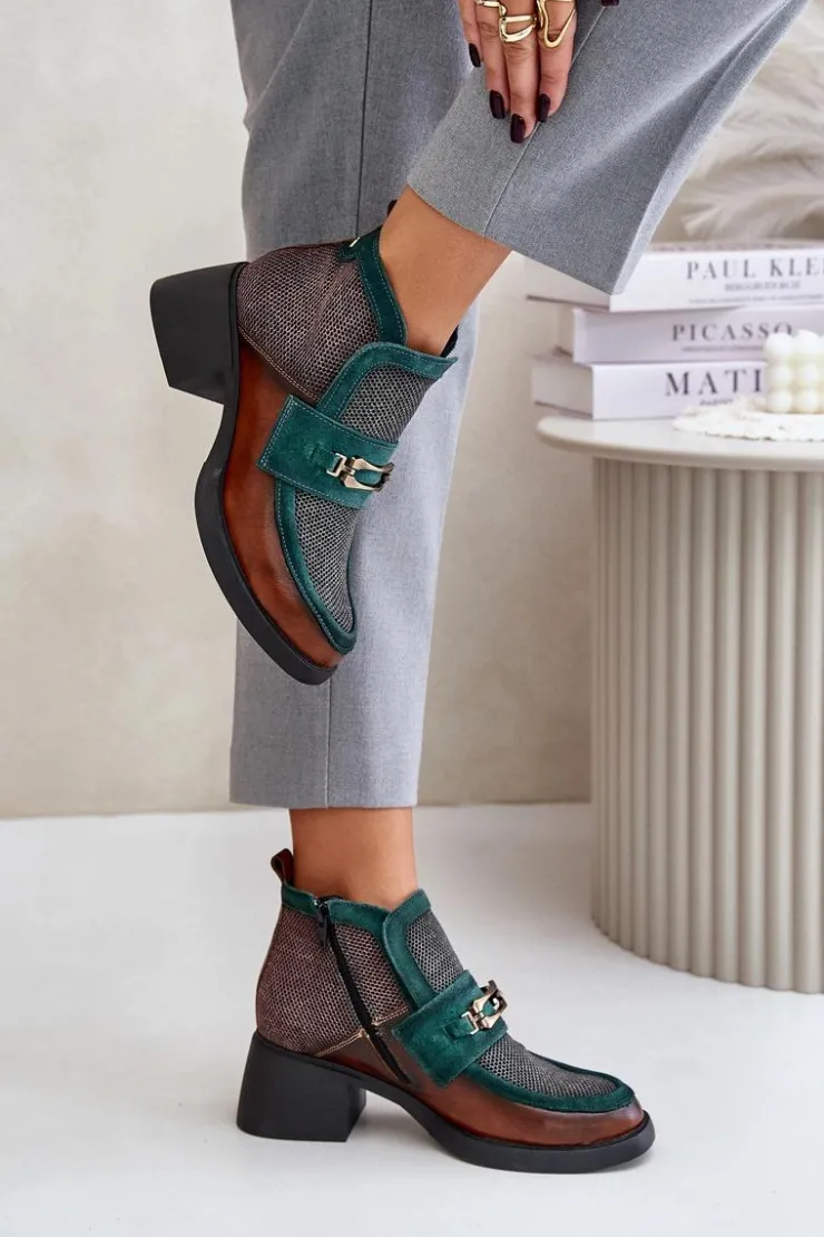 Maciejka Botki Maciejka|Botki Skórzane*Skórzane Botki Damskie Na Masywnym Obcasie Z Ozdobą 06747-29 Brązowo-Zielone