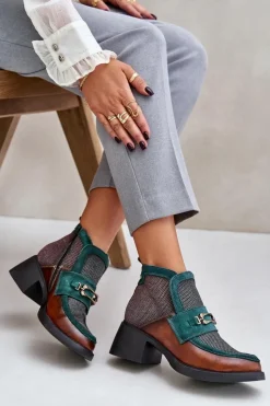 Maciejka Botki Maciejka|Botki Skórzane*Skórzane Botki Damskie Na Masywnym Obcasie Z Ozdobą 06747-29 Brązowo-Zielone