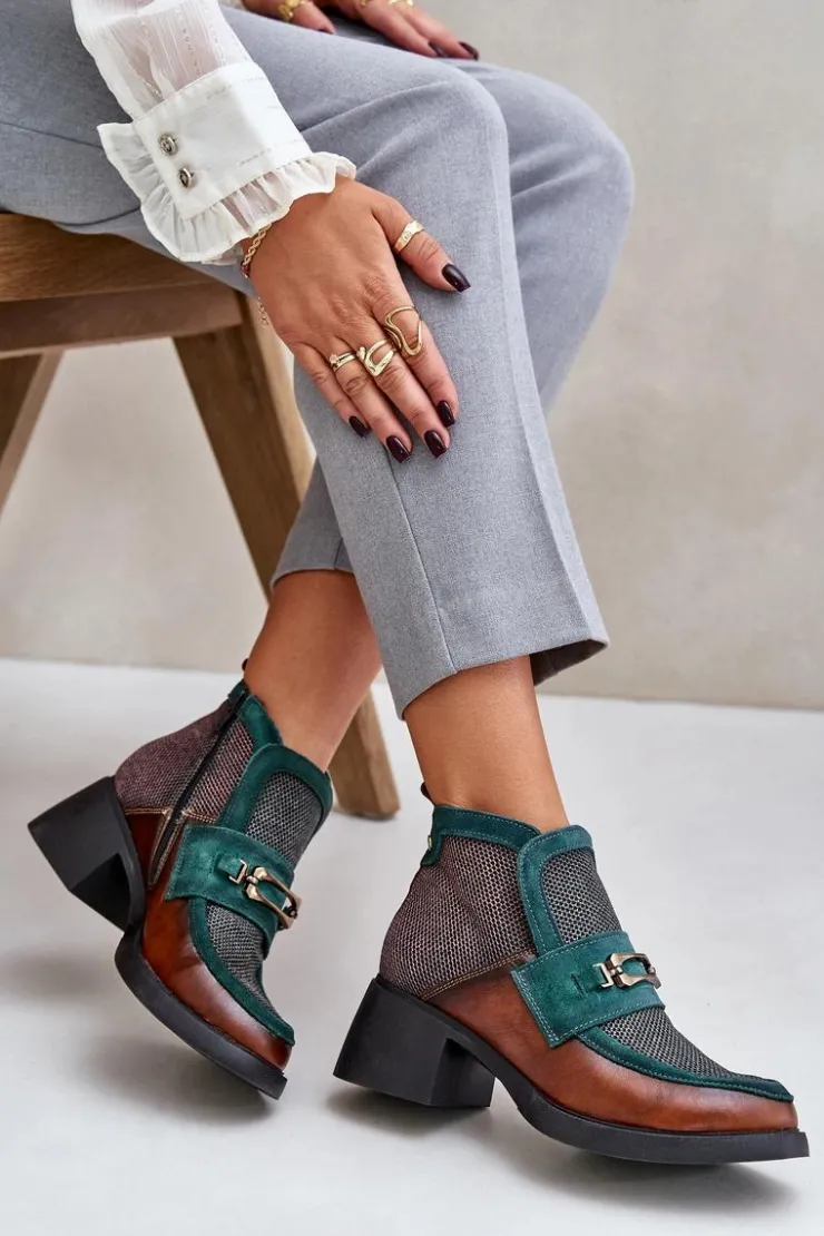 Maciejka Botki Maciejka|Botki Skórzane*Skórzane Botki Damskie Na Masywnym Obcasie Z Ozdobą 06747-29 Brązowo-Zielone