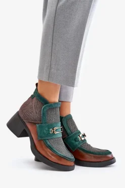 Maciejka Botki Maciejka|Botki Skórzane*Skórzane Botki Damskie Na Masywnym Obcasie Z Ozdobą 06747-29 Brązowo-Zielone