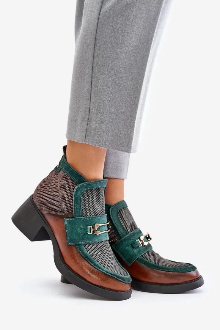 Maciejka Botki Maciejka|Botki Skórzane*Skórzane Botki Damskie Na Masywnym Obcasie Z Ozdobą 06747-29 Brązowo-Zielone