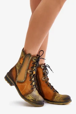 Damskie Maciejka Skórzane Botki Damskie Na Płaskim Obcasie 06719-07 Żółte