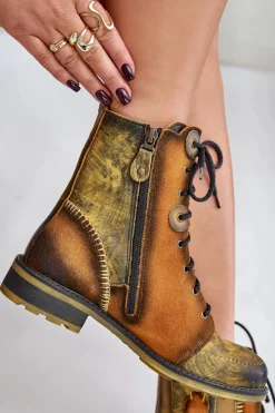 Damskie Maciejka Skórzane Botki Damskie Na Płaskim Obcasie 06719-07 Żółte