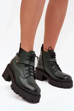 Damskie Zazoo Skórzane Botki Damskie Na Klocku Z Ozdobnym Paskiem Ocieplane 60557 Ciemnozielone