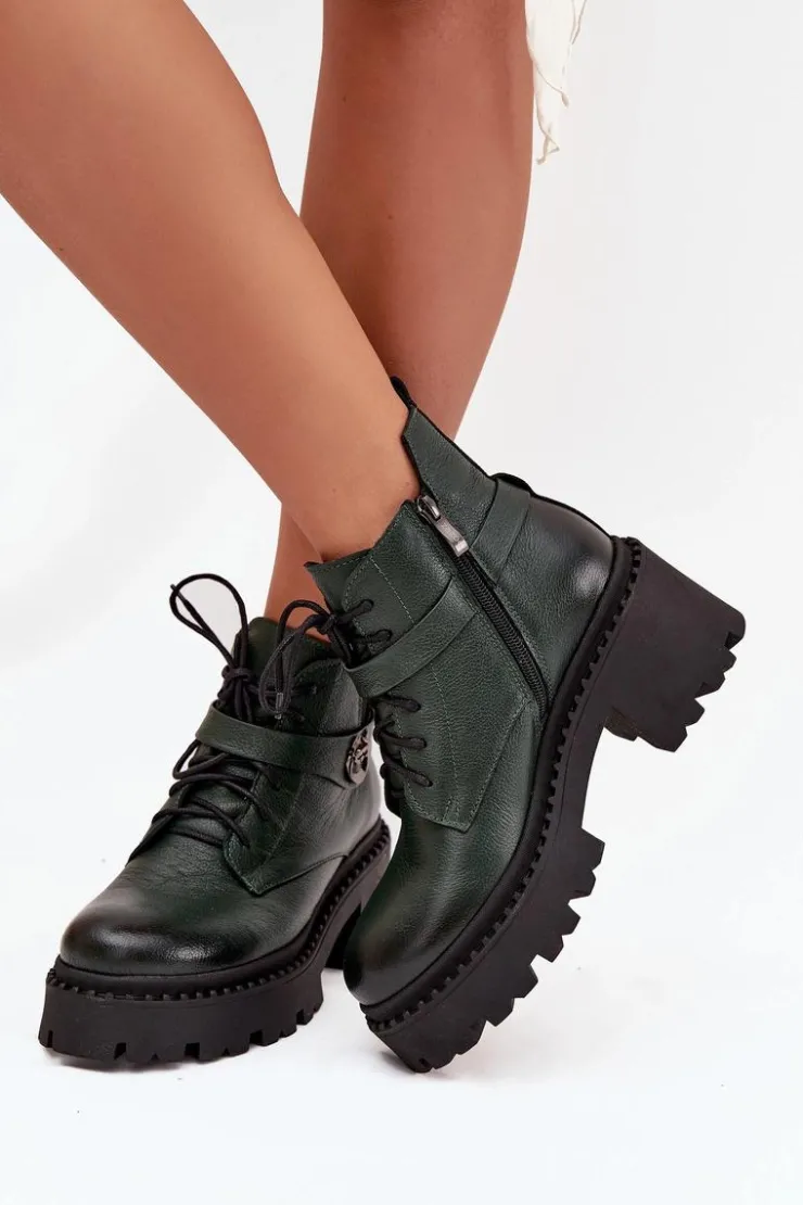 Damskie Zazoo Skórzane Botki Damskie Na Klocku Z Ozdobnym Paskiem Ocieplane 60557 Ciemnozielone
