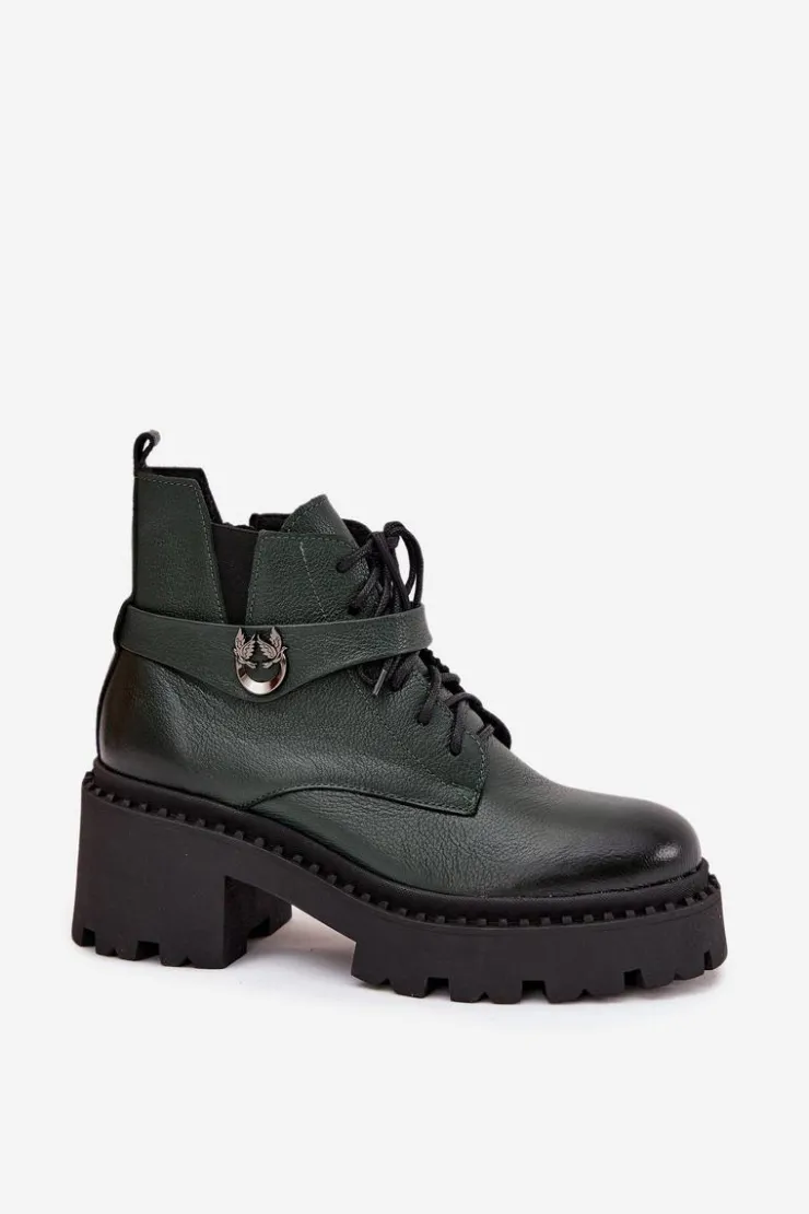 Damskie Zazoo Skórzane Botki Damskie Na Klocku Z Ozdobnym Paskiem Ocieplane 60557 Ciemnozielone