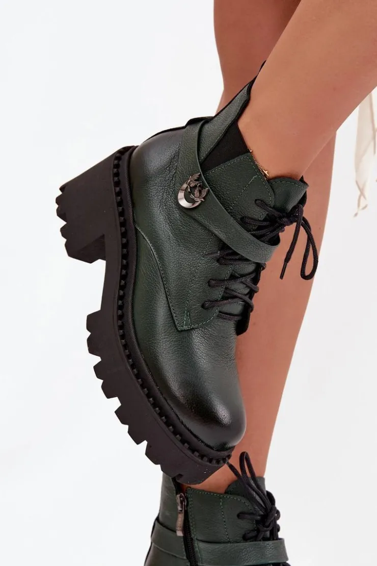Damskie Zazoo Skórzane Botki Damskie Na Klocku Z Ozdobnym Paskiem Ocieplane 60557 Ciemnozielone