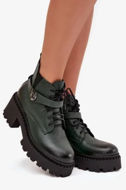Damskie Zazoo Skórzane Botki Damskie Na Klocku Z Ozdobnym Paskiem Ocieplane 60557 Ciemnozielone