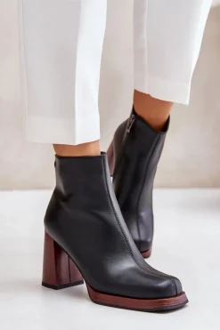 Damskie Damskie buty S.Barski Skórzane Botki Damskie Na Słupku Ocieplane D&A JC42-37 Czarne