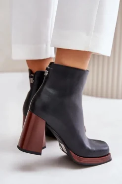 Damskie Damskie buty S.Barski Skórzane Botki Damskie Na Słupku Ocieplane D&A JC42-37 Czarne