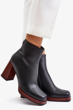 Damskie Damskie buty S.Barski Skórzane Botki Damskie Na Słupku Ocieplane D&A JC42-37 Czarne