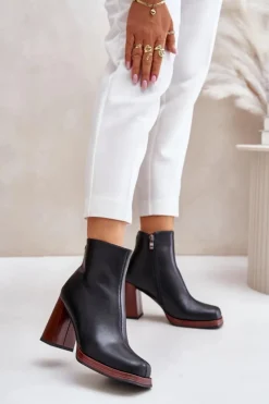 Damskie Damskie buty S.Barski Skórzane Botki Damskie Na Słupku Ocieplane D&A JC42-37 Czarne