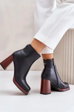 Damskie Damskie buty S.Barski Skórzane Botki Damskie Na Słupku Ocieplane D&A JC42-37 Czarne