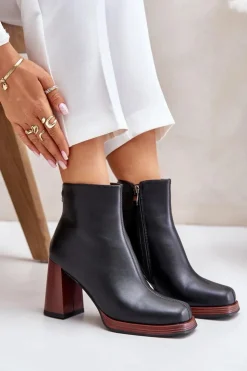 Damskie Damskie buty S.Barski Skórzane Botki Damskie Na Słupku Ocieplane D&A JC42-37 Czarne