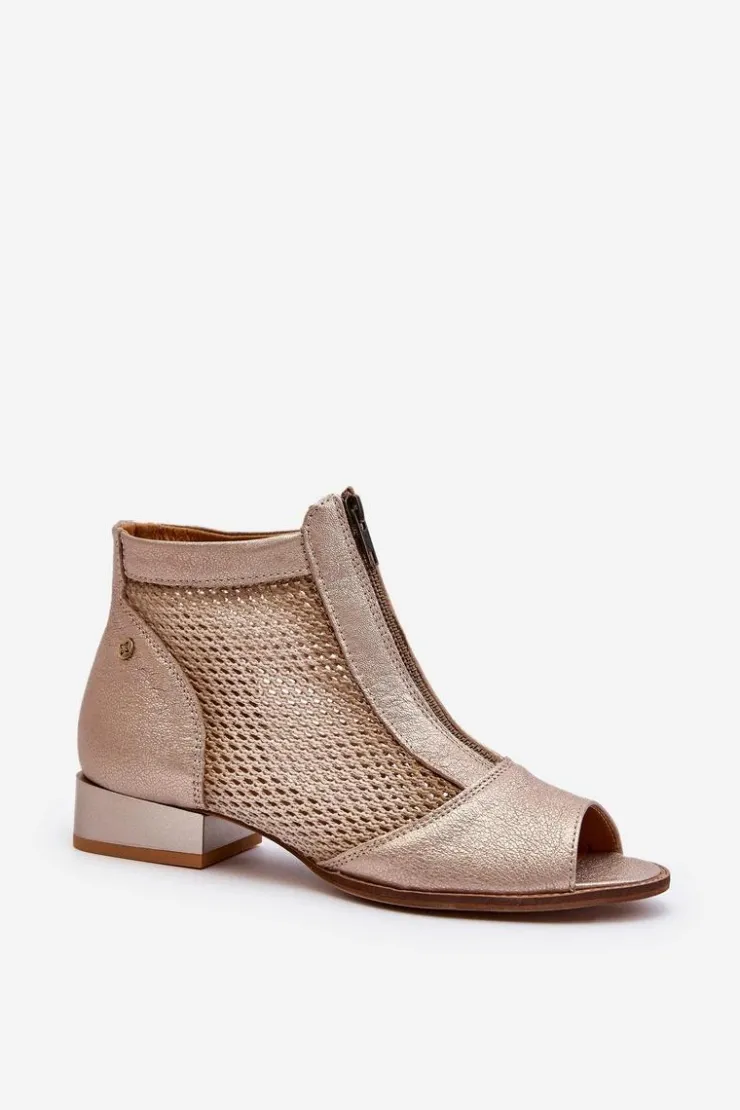 Maciejka Botki Wiosenne|Botki Maciejka*Skórzane Botki Damskie Na Płaskim Obcasie Z Odkrytymi Palcami 06413-25 Złote Beżowy