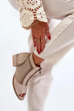 Maciejka Botki Wiosenne|Botki Maciejka*Skórzane Botki Damskie Na Płaskim Obcasie Z Odkrytymi Palcami 06413-25 Złote Beżowy