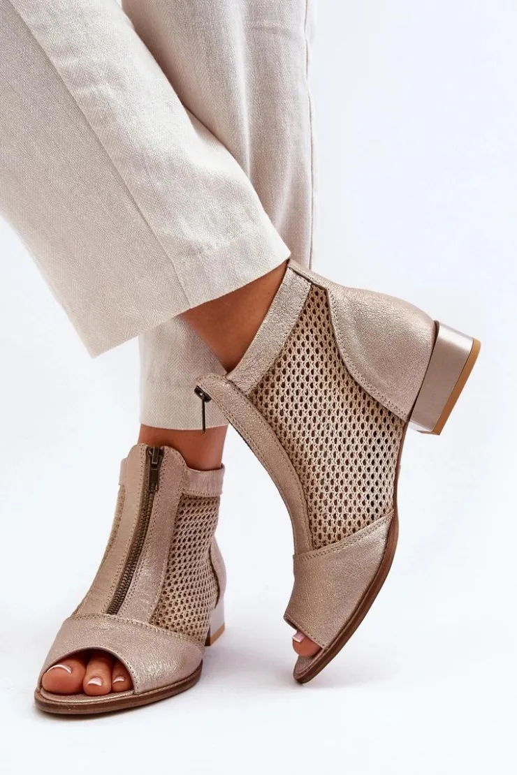 Maciejka Botki Wiosenne|Botki Maciejka*Skórzane Botki Damskie Na Płaskim Obcasie Z Odkrytymi Palcami 06413-25 Złote Beżowy