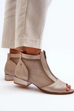 Maciejka Botki Wiosenne|Botki Maciejka*Skórzane Botki Damskie Na Płaskim Obcasie Z Odkrytymi Palcami 06413-25 Złote Beżowy