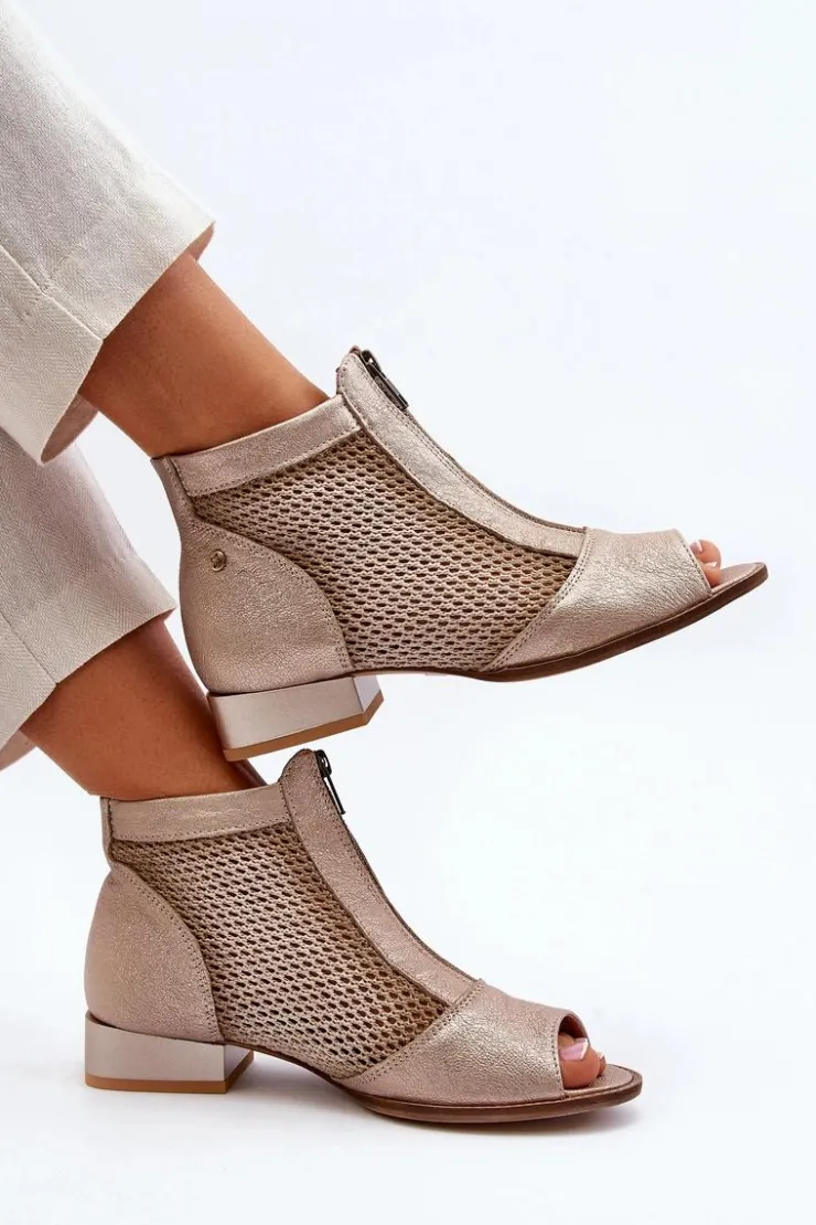 Maciejka Botki Wiosenne|Botki Maciejka*Skórzane Botki Damskie Na Płaskim Obcasie Z Odkrytymi Palcami 06413-25 Złote Beżowy