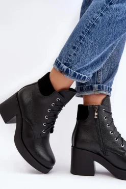 Sale Boto Skórzane Botki Damskie Na Słupku Czarne Lemar Leocera