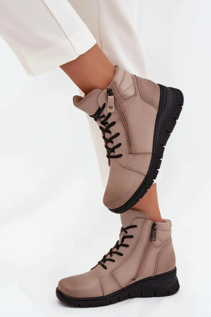 Damskie Buty damskie Vinceza Skórzane Botki Damskie Na Koturnie Ocieplane Vinceza 39963 Beżowe