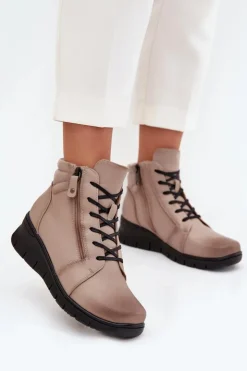 Damskie Buty damskie Vinceza Skórzane Botki Damskie Na Koturnie Ocieplane Vinceza 39963 Beżowe