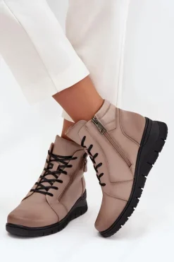 Damskie Buty damskie Vinceza Skórzane Botki Damskie Na Koturnie Ocieplane Vinceza 39963 Beżowe