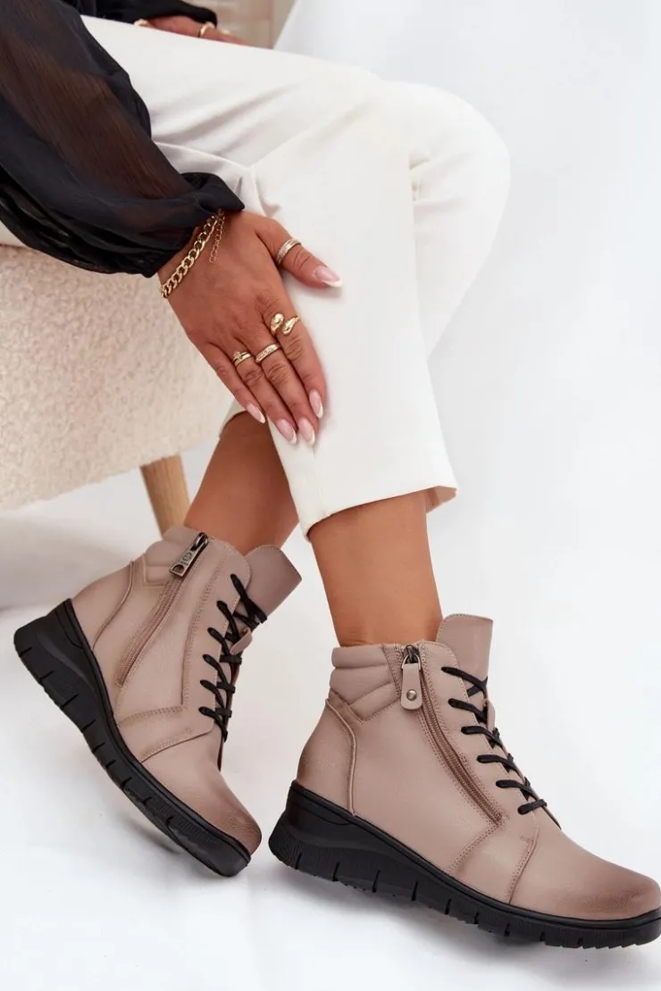 Damskie Buty damskie Vinceza Skórzane Botki Damskie Na Koturnie Ocieplane Vinceza 39963 Beżowe