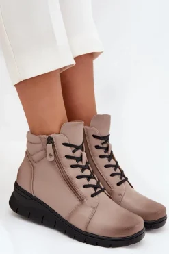 Damskie Buty damskie Vinceza Skórzane Botki Damskie Na Koturnie Ocieplane Vinceza 39963 Beżowe