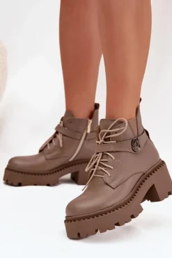 Zazoo Botki Ocieplane|Brązowe I Beżowe Botki*Skórzane Botki Damskie Na Klocku Z Ozdobnym Paskiem Ocieplane 60557 Ciemnobeżowe Beżowy