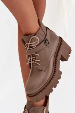 Zazoo Botki Ocieplane|Brązowe I Beżowe Botki*Skórzane Botki Damskie Na Klocku Z Ozdobnym Paskiem Ocieplane 60557 Ciemnobeżowe Beżowy