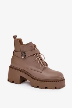 Zazoo Botki Ocieplane|Brązowe I Beżowe Botki*Skórzane Botki Damskie Na Klocku Z Ozdobnym Paskiem Ocieplane 60557 Ciemnobeżowe Beżowy