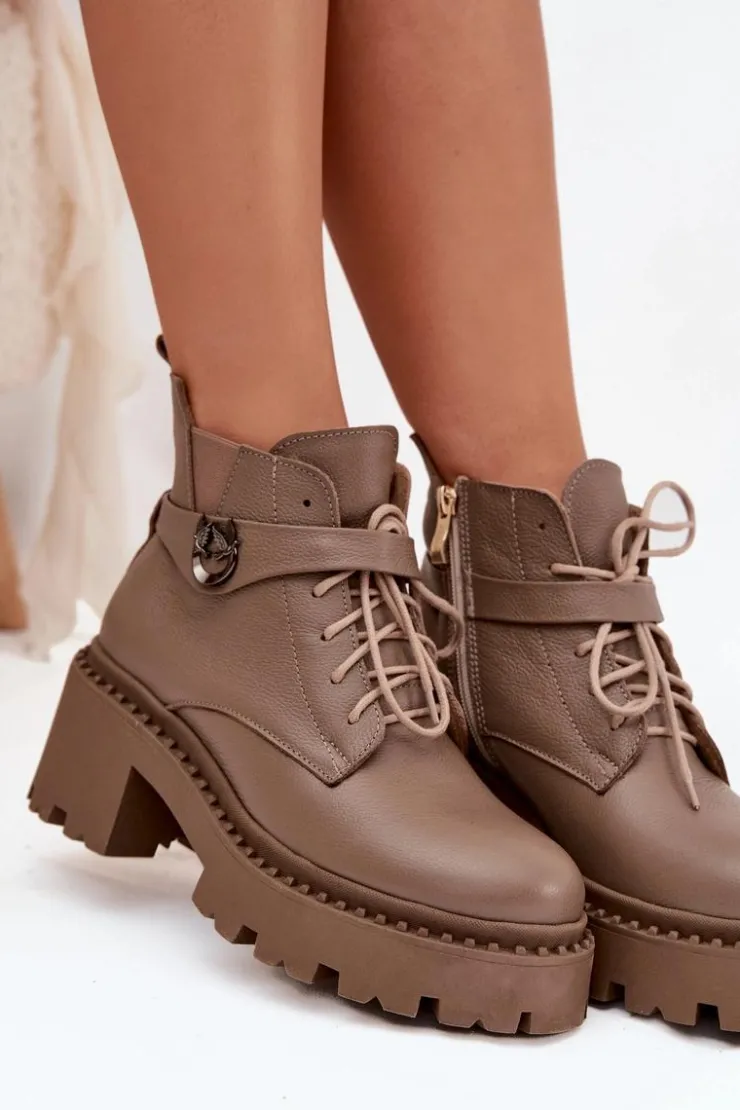 Zazoo Botki Ocieplane|Brązowe I Beżowe Botki*Skórzane Botki Damskie Na Klocku Z Ozdobnym Paskiem Ocieplane 60557 Ciemnobeżowe Beżowy