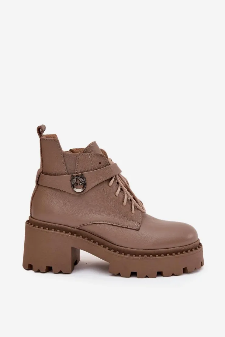 Zazoo Botki Ocieplane|Brązowe I Beżowe Botki*Skórzane Botki Damskie Na Klocku Z Ozdobnym Paskiem Ocieplane 60557 Ciemnobeżowe Beżowy