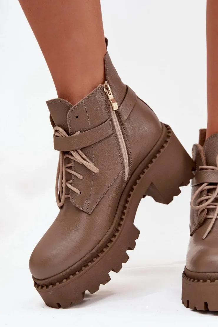 Zazoo Botki Ocieplane|Brązowe I Beżowe Botki*Skórzane Botki Damskie Na Klocku Z Ozdobnym Paskiem Ocieplane 60557 Ciemnobeżowe Beżowy