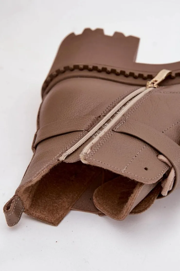 Zazoo Botki Ocieplane|Brązowe I Beżowe Botki*Skórzane Botki Damskie Na Klocku Z Ozdobnym Paskiem Ocieplane 60557 Ciemnobeżowe Beżowy