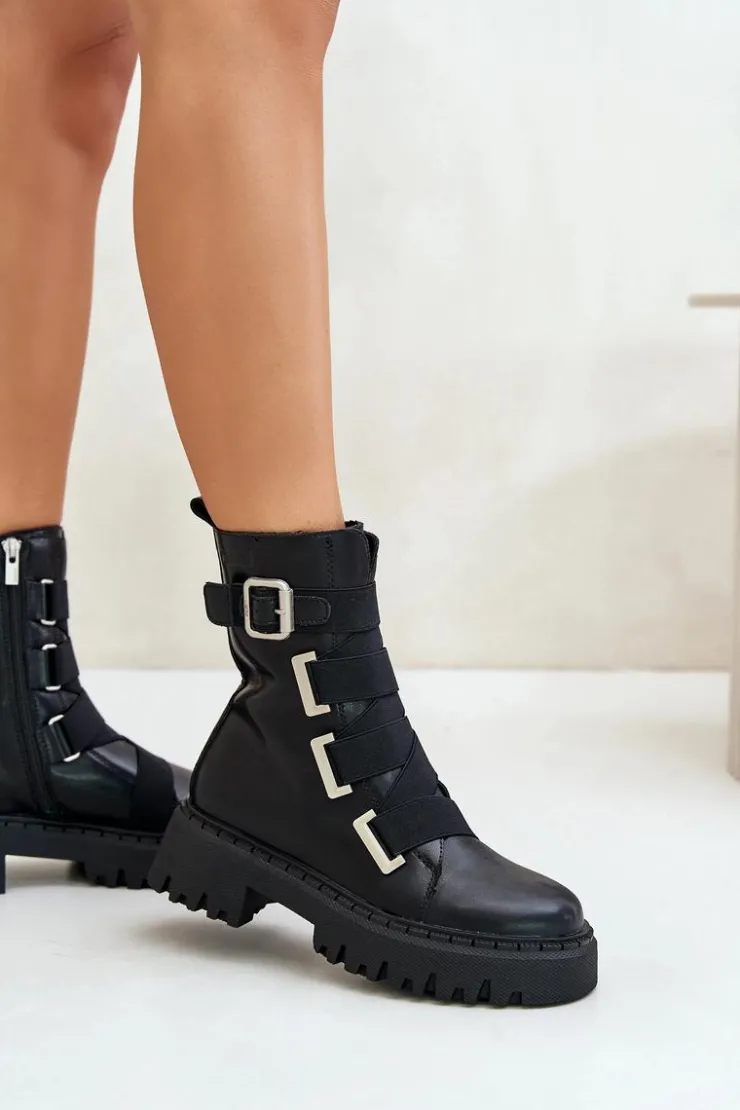 Big Star Shoes Botki Skórzane|Botki Płaskie*Skórzane Botki Damskie Ocieplane Big Star OO274A256 Czarne