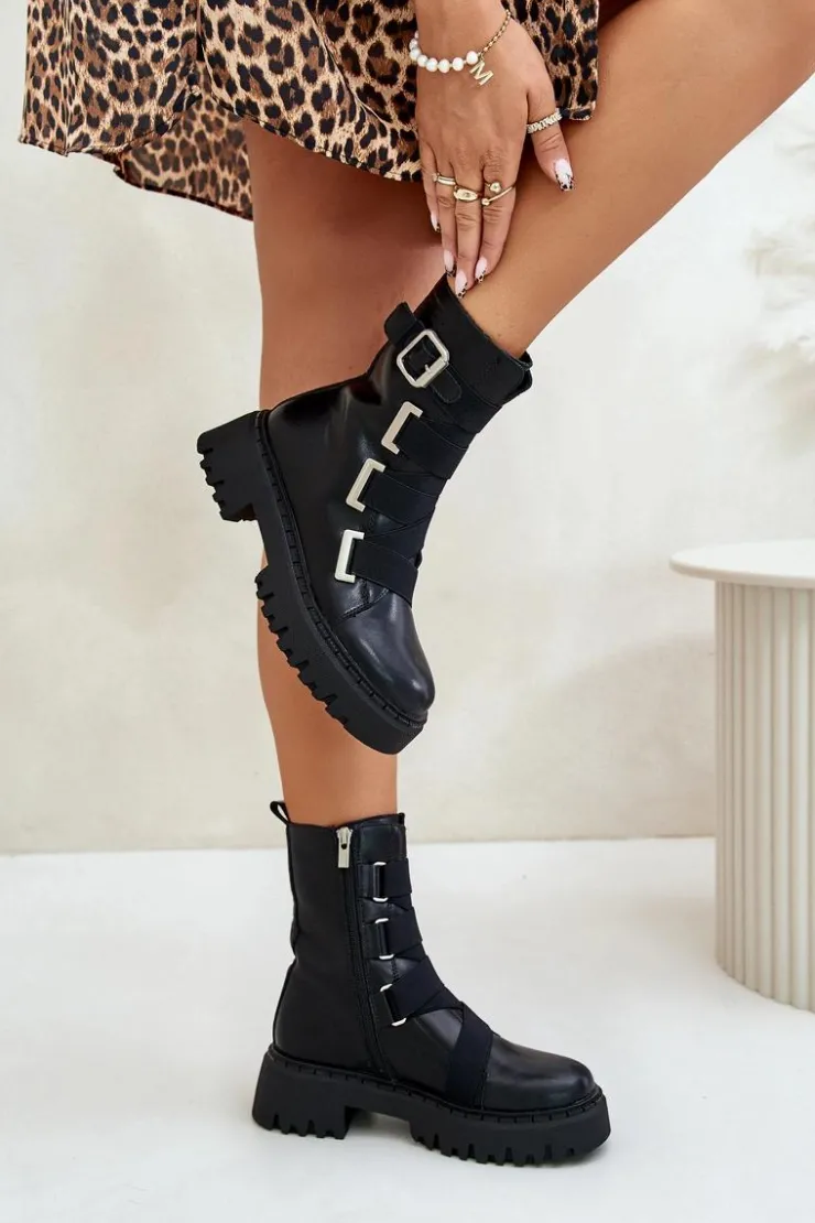 Big Star Shoes Botki Skórzane|Botki Płaskie*Skórzane Botki Damskie Ocieplane Big Star OO274A256 Czarne