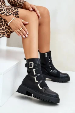 Big Star Shoes Botki Skórzane|Botki Płaskie*Skórzane Botki Damskie Ocieplane Big Star OO274A256 Czarne