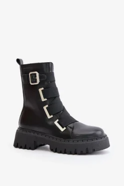 Big Star Shoes Botki Skórzane|Botki Płaskie*Skórzane Botki Damskie Ocieplane Big Star OO274A256 Czarne