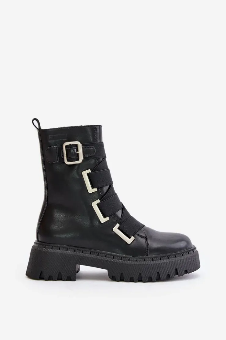 Big Star Shoes Botki Skórzane|Botki Płaskie*Skórzane Botki Damskie Ocieplane Big Star OO274A256 Czarne