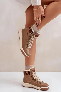 Damskie Lee Cooper Skórzane Botki Damskie Ocieplane LCJ-24-01-2985 Beżowe