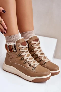 Damskie Lee Cooper Skórzane Botki Damskie Ocieplane LCJ-24-01-2985 Beżowe