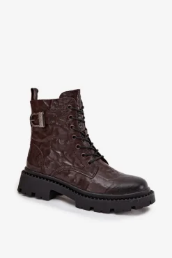 Damskie Artiker Skórzane Botki Damskie Z Efektem Marszczenia I Klamrą 57C1007 Czekoladowe